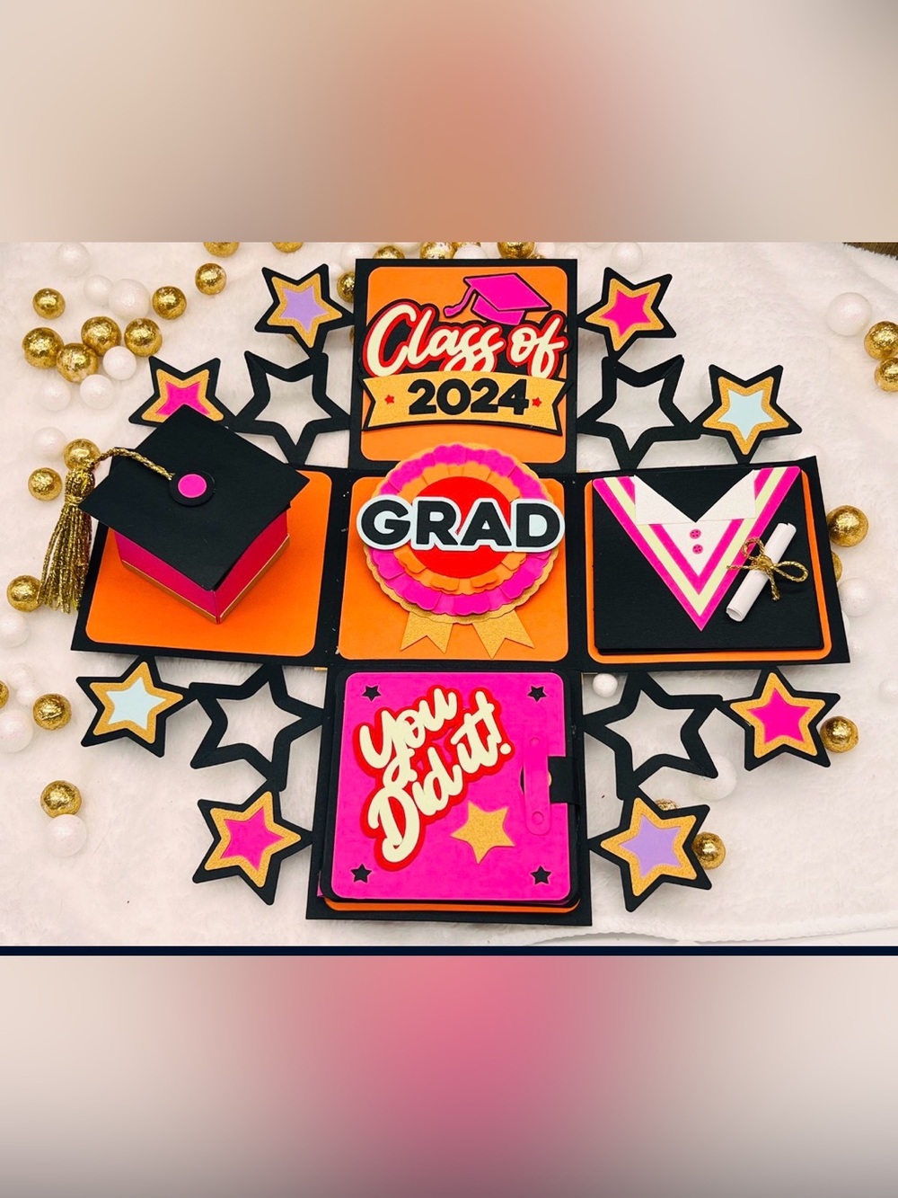 Class of 2026 Graduation Exploding Box Card - Pink, Orange, Black
